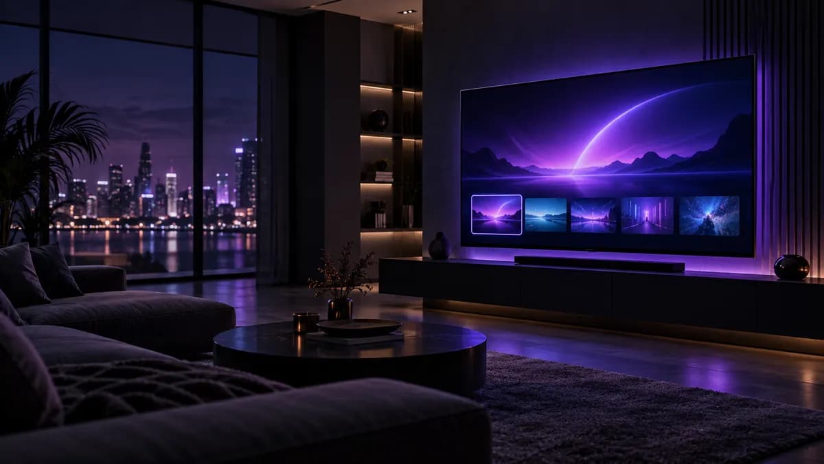 Moderne smart-tv met een paarse streaminginterface in een donkere woonkamer
