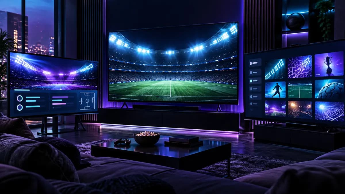 Meerdere schermen met abstracte live sport en kanaaloverzichten